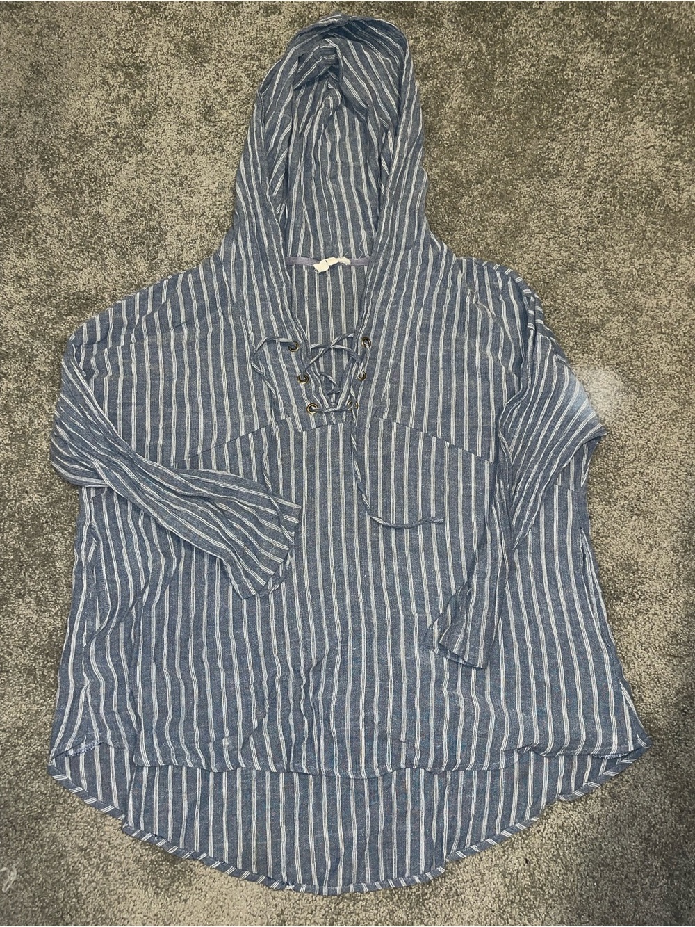 Striped Blue Hooded Lace-Up Women's Top
